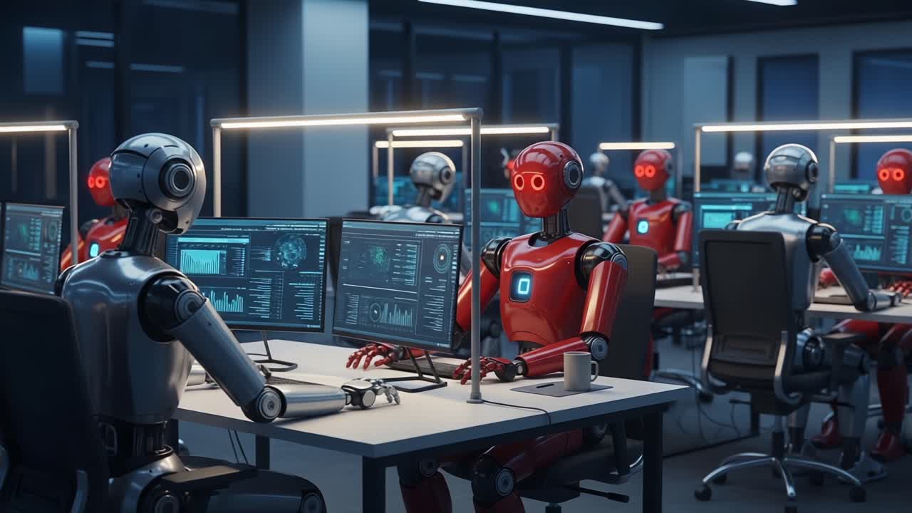In a futuristic office environment, robots are diligently working at computer desks, showcasing advanced technology and artificial intelligence in a collaborative workspace