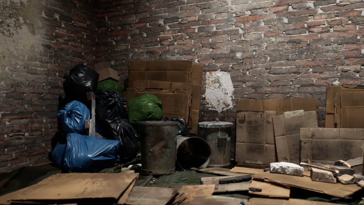 Cluttered interior space with cardboard boxes and trash bags in a dim room