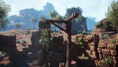 una pared de piedra en ruinas y una estructura de madera en una jungla