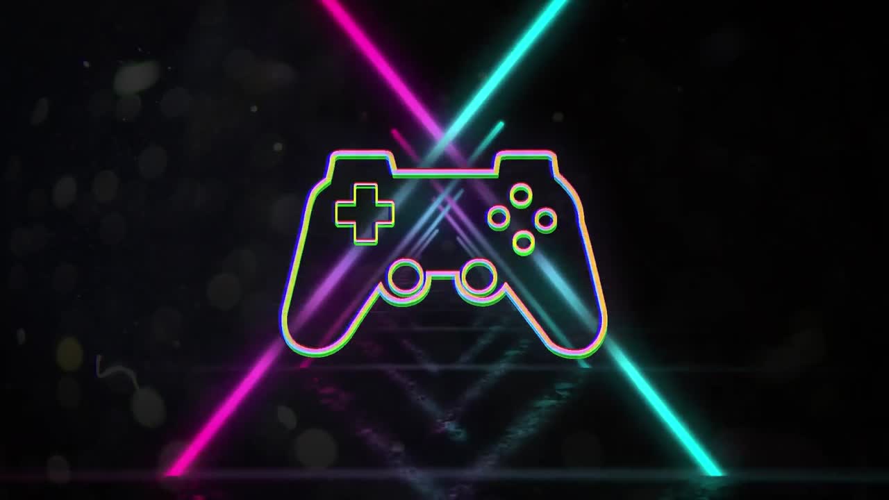 Animation of neon video game pad over glowing neon tunnel