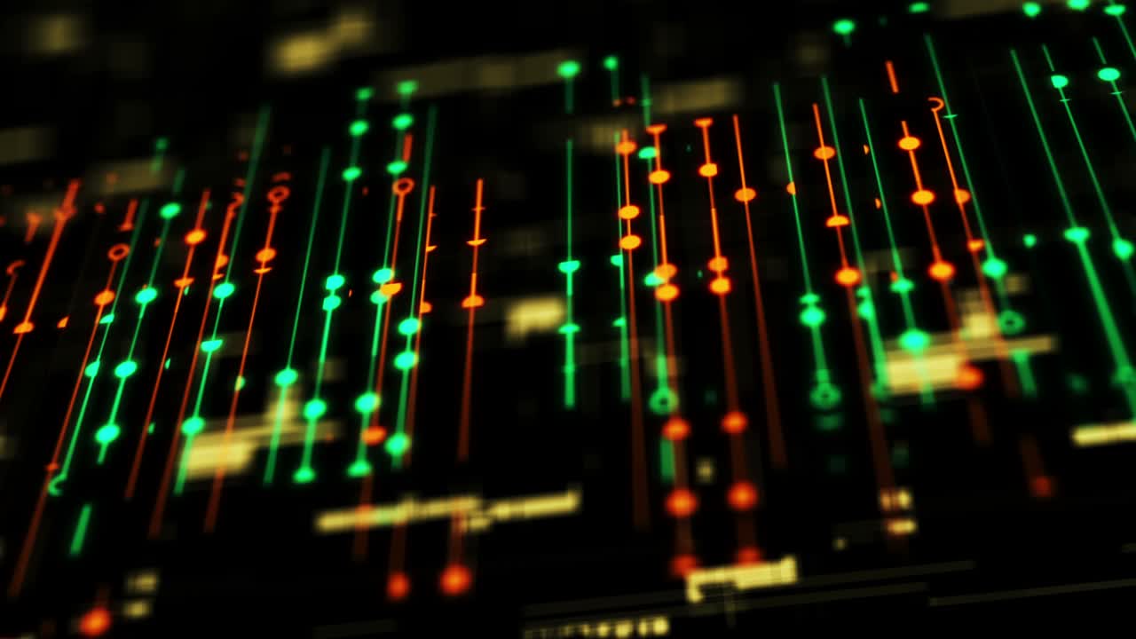 Blurred abstract light streak neon glowing stripes data equalizer in loop animated cyber tech grid background 4K UHD 3D video