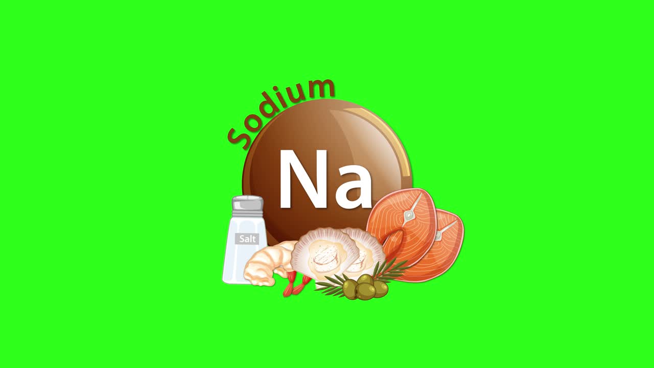 A sodium symbol animates onto a bright green background, merging with illustrated food sources like salt, onions, and nuts in a smooth, centered transition