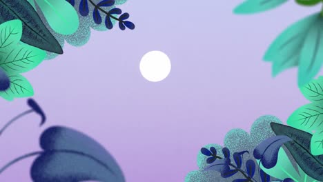 animación de hojas verdes con luna en el cielo púrpura