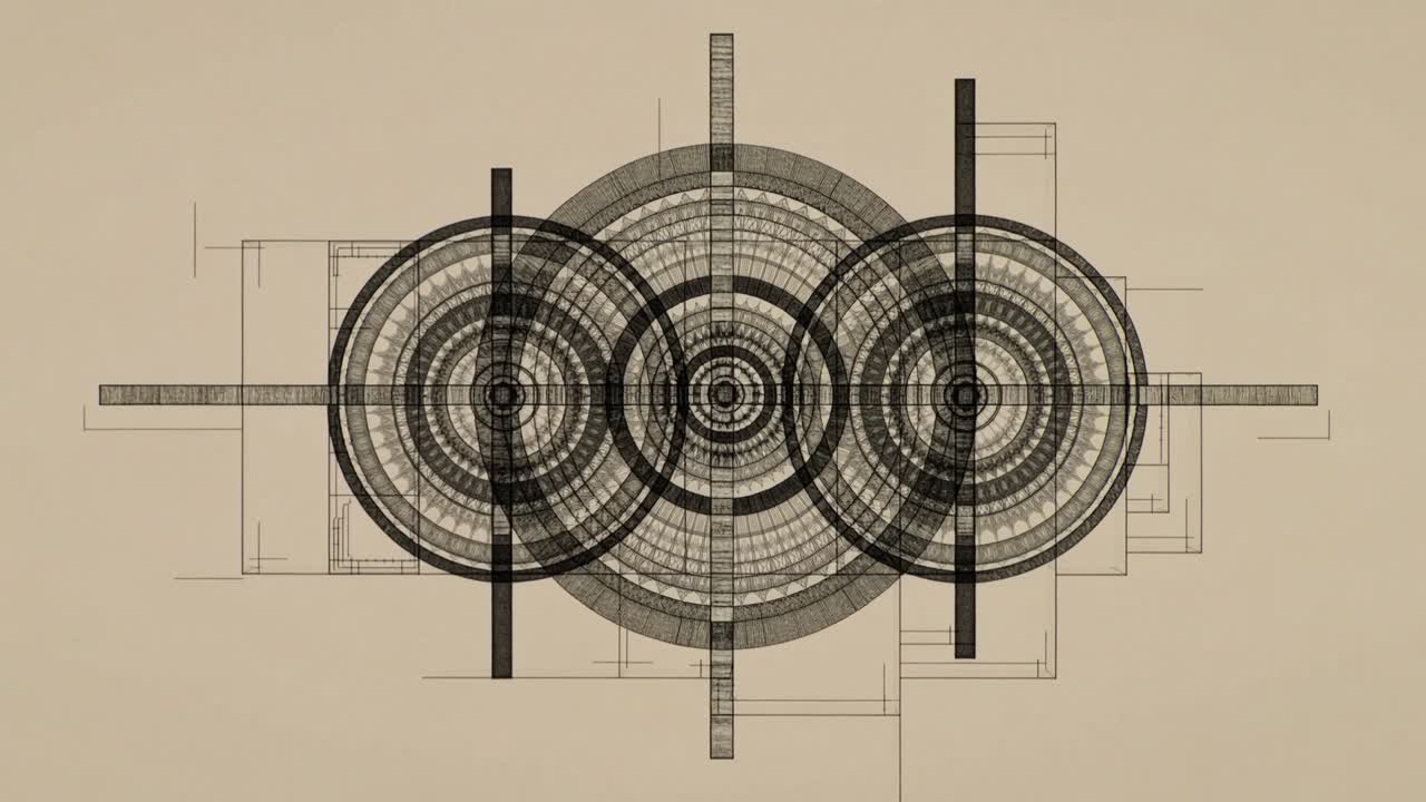 Starting spin, 3 ringed discs rotating and bars moving on beige canvas aligning rings with guides