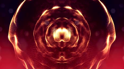 animación de bucle 3d como fondo de ciencia ficción digital de partículas brillantes como en el mundo nano con profundidad de campo, bokeh. las partículas forman línea, cuadrícula de superficie o misterioso espacio virtual. oro rojo 2