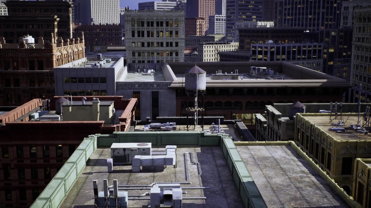 Mechanical units above city with textured gravel and parapet