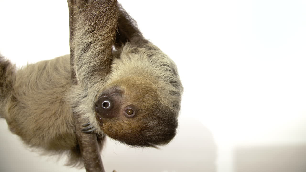 복사 공간이 거꾸로 매달려 있는 흰색 배경 나무늘보