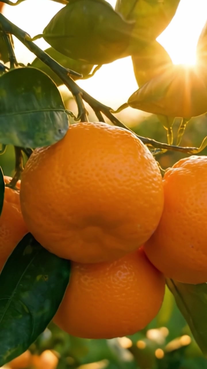 Un radioso frutteto illuminato dal sole che mostra arance fresche: il succoso raccolto della natura illuminato da raggi dorati, che cattura l'essenza di una vita sana e di un'agricoltura vivace.