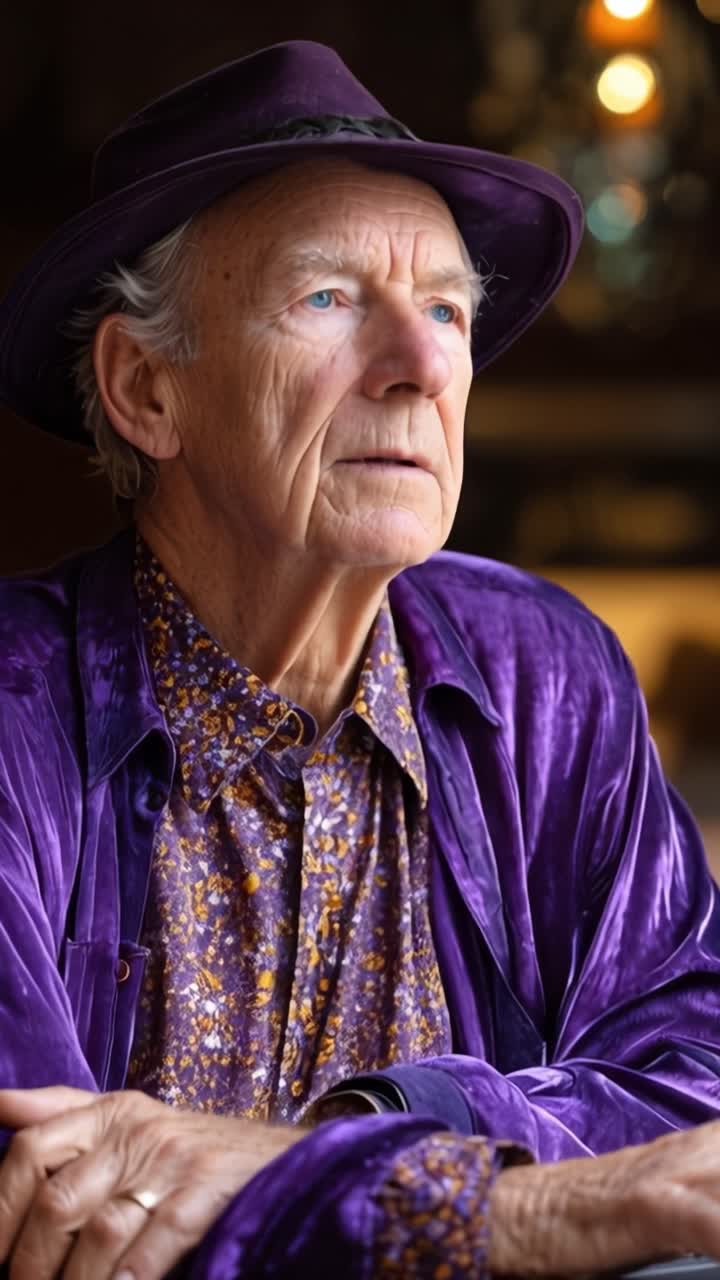 Un uomo con cappello e giacca viola è seduto in silenzio. Digita su un laptop con attenzione concentrata. Luci calde e sfocate brillano dolcemente dietro di lui. Appare pensieroso e calmo, con gli occhi leggermente chiusi.