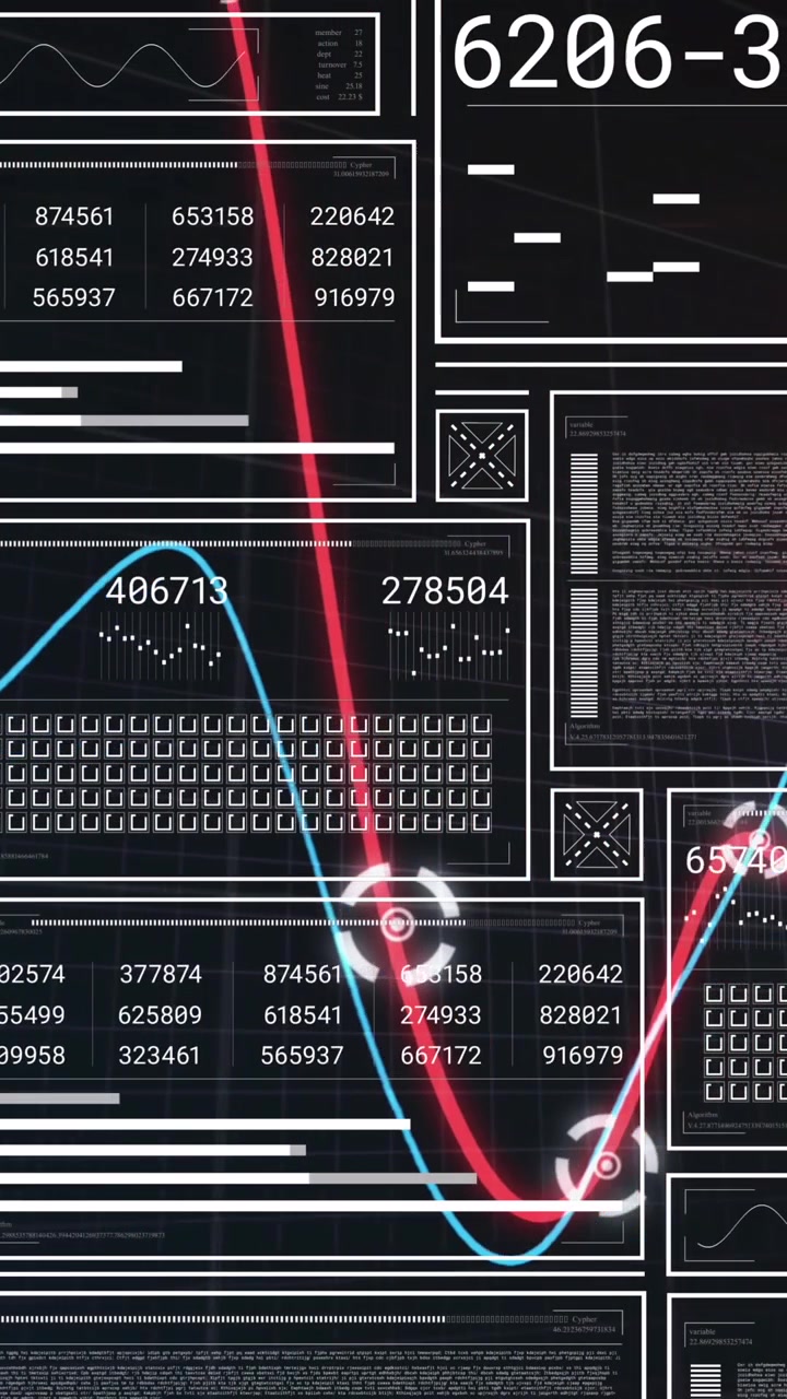 Animation of illuminated graphs over changing numbers, loading bars on black background