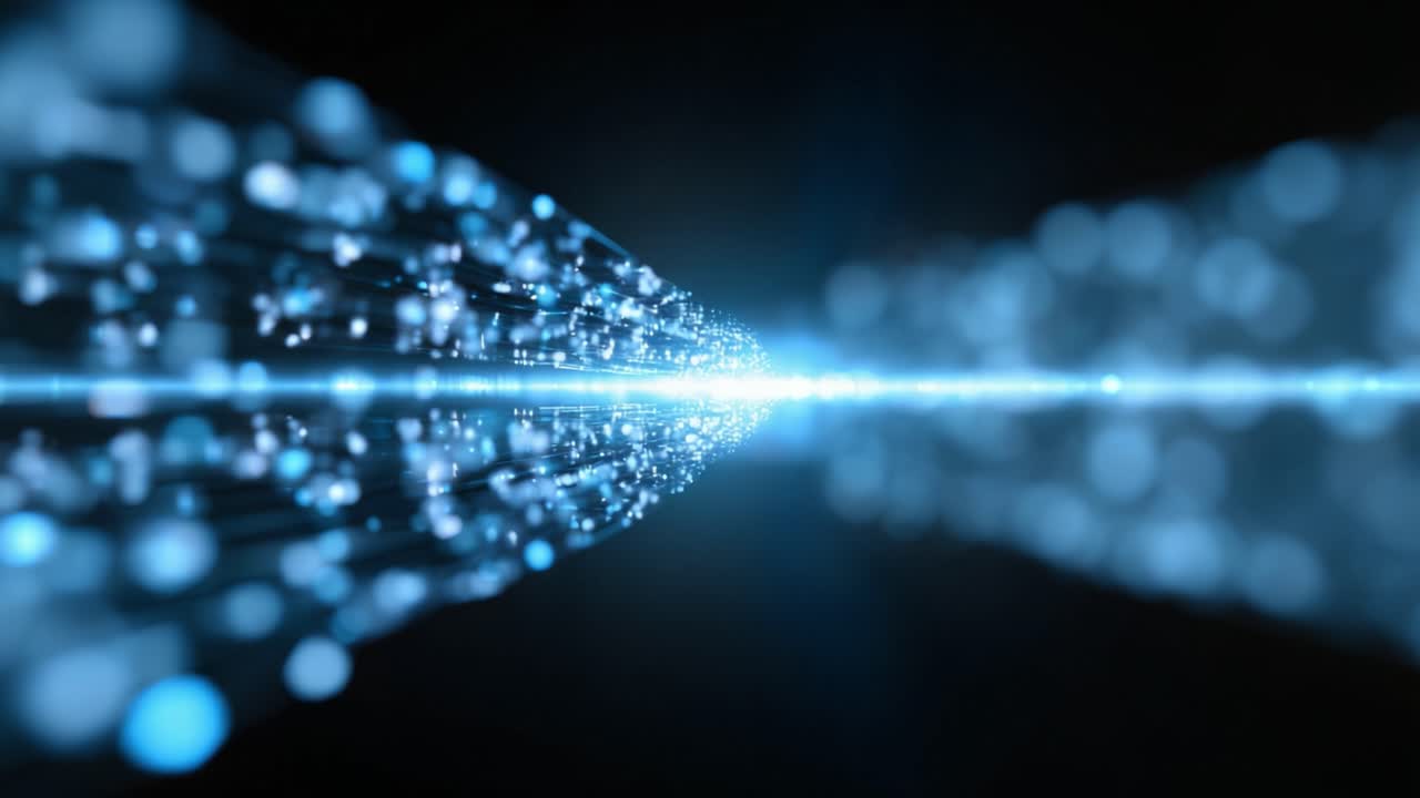 A mesmerizing visual journey through a stream of vibrant blue particles and luminous dots, portraying the essence of digital movement and ethereal abstraction