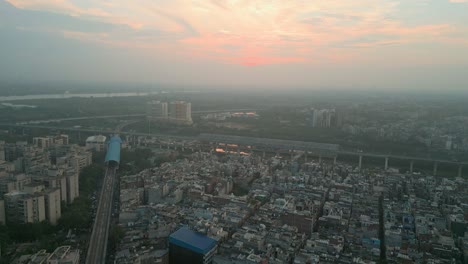 beautiful sunset in noida done moving back view in drone shot idelhi in india