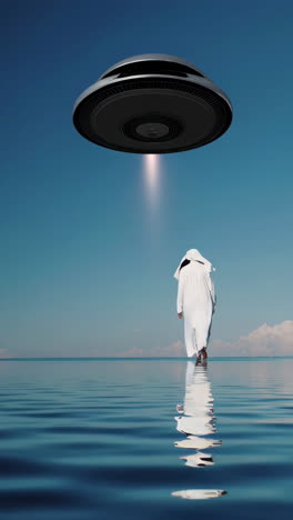 man walking on water with ufo