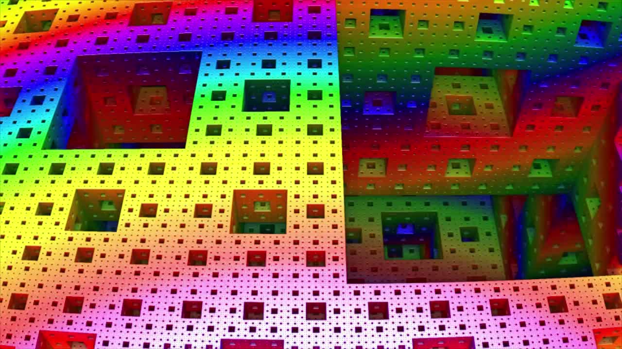 representación animada de un conjunto tridimensional de mandelbrot, 3d, cubo verde amarillo rojo azul, tirar