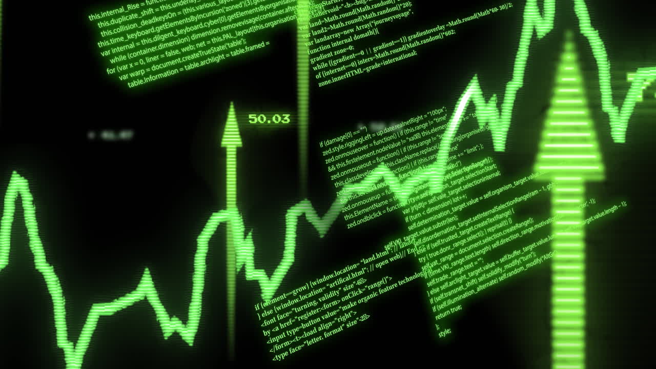 Animazione di elaborazione di dati finanziari con frecce su sfondo nero.