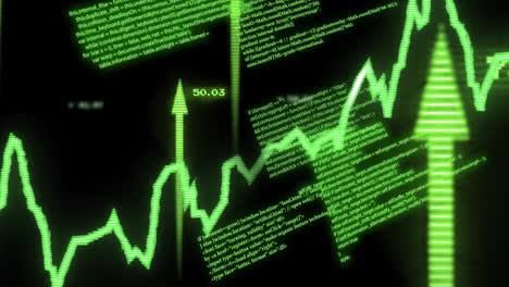 animación del procesamiento de datos financieros con flechas sobre fondo negro