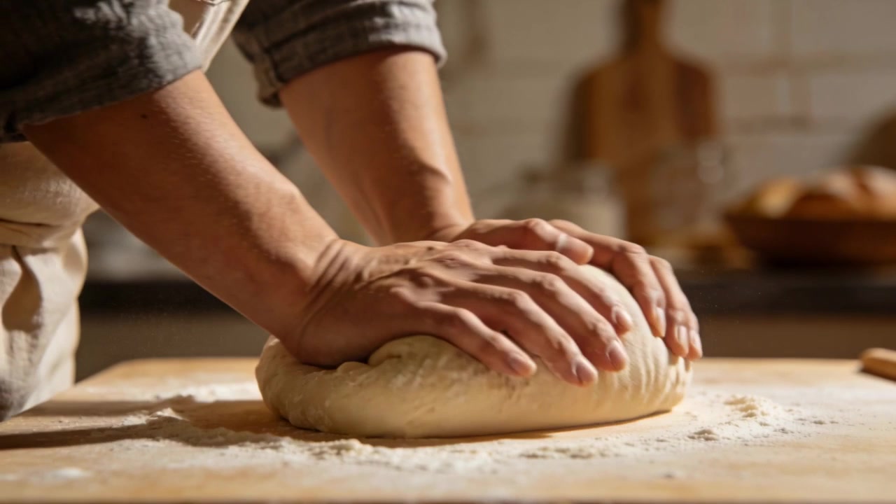Pressing baker's hands wearing apron, folding, shaping dough on wood counter for baking, with flour
