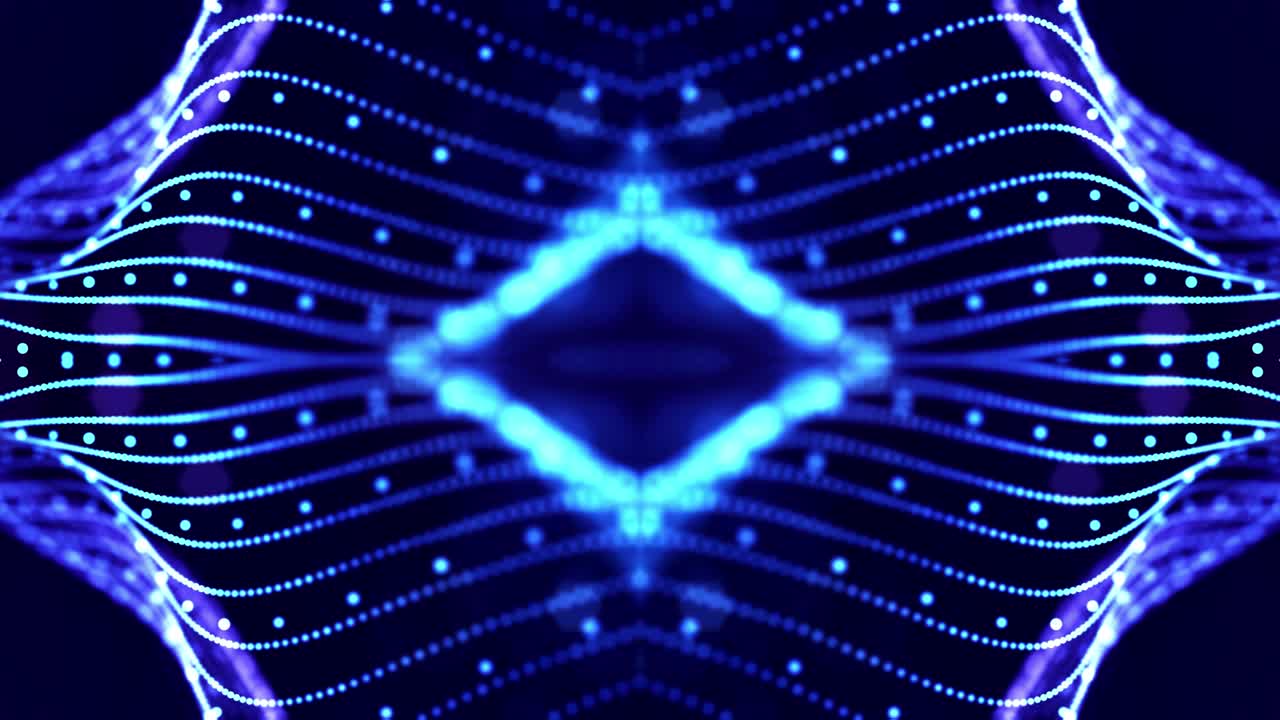 4k looped sci-fi 3d abstract animation. Glow blue particles form lines, symmetrical structures like in microworld or cosmic space. For holiday presentations, ceremonies as vj loop motion design