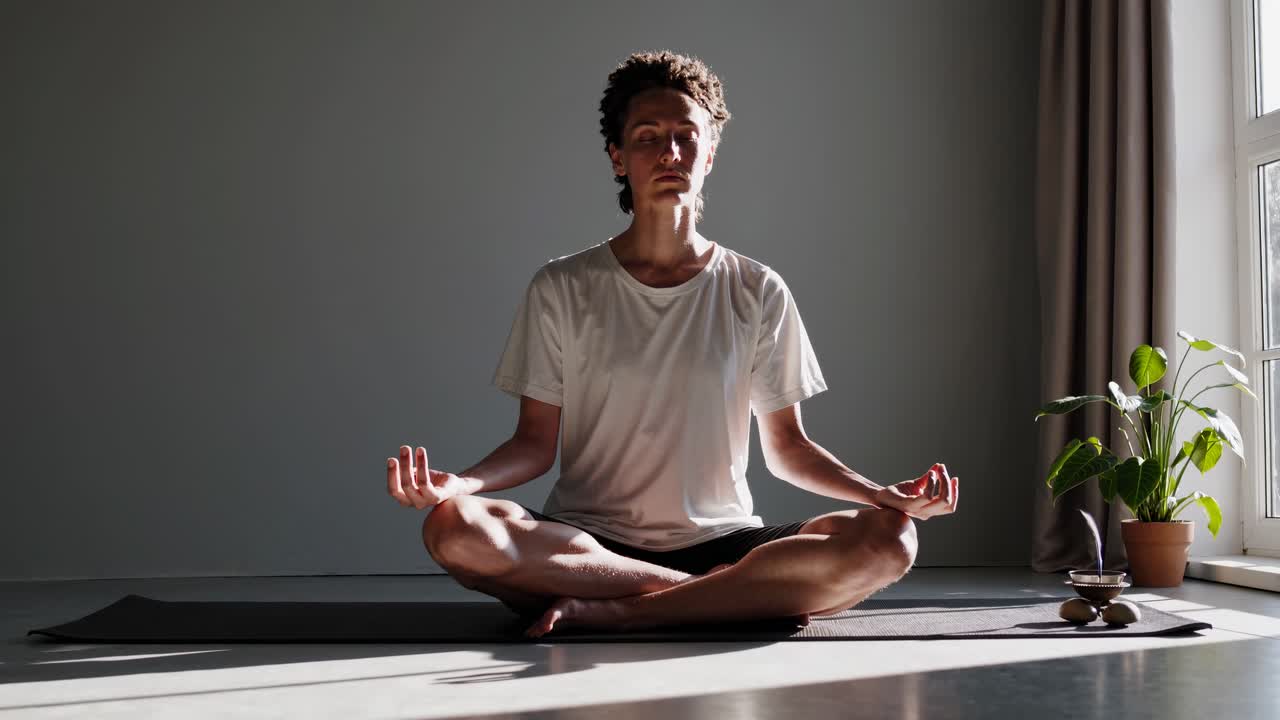 Güneşli bir odada meditasyon yapan bir kişinin sakin bir video sahnesi