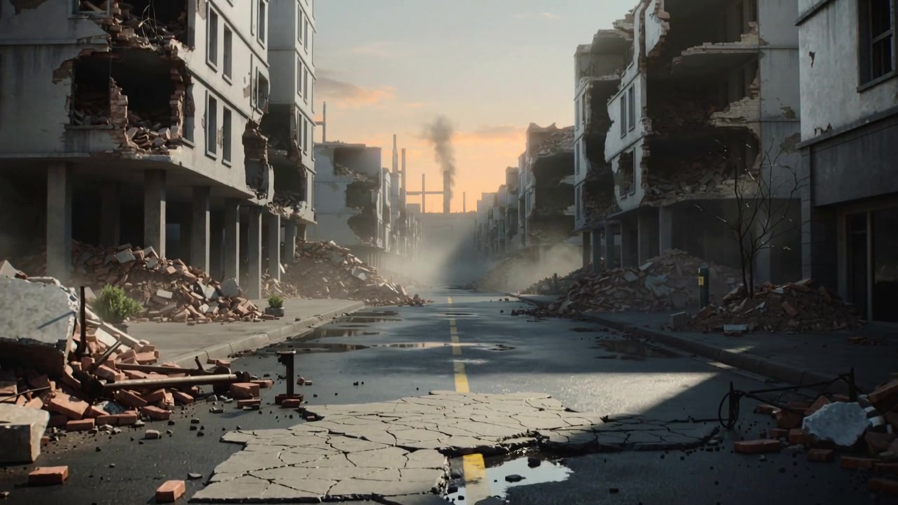 Moving camera revealing cracked road with yellow centerline at dusk, leading toward chimneys