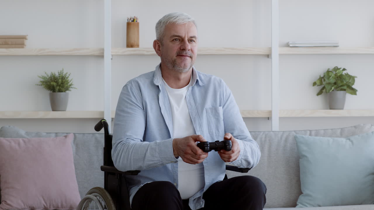 Older adult playing video games in a wheelchair