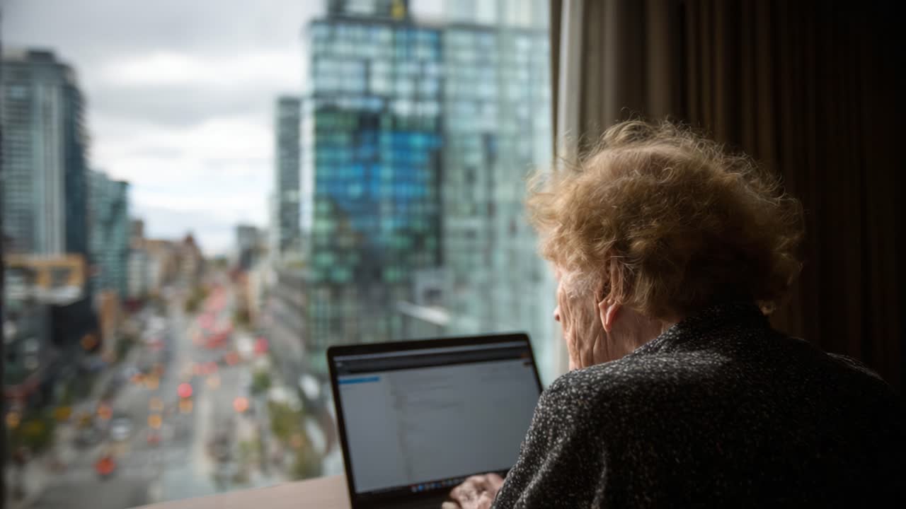 An elderly woman engaged in work on her laptop, gazing out a hotel window overlooking a bustling cityscape, showcasing the blend of modern technology and timeless experience