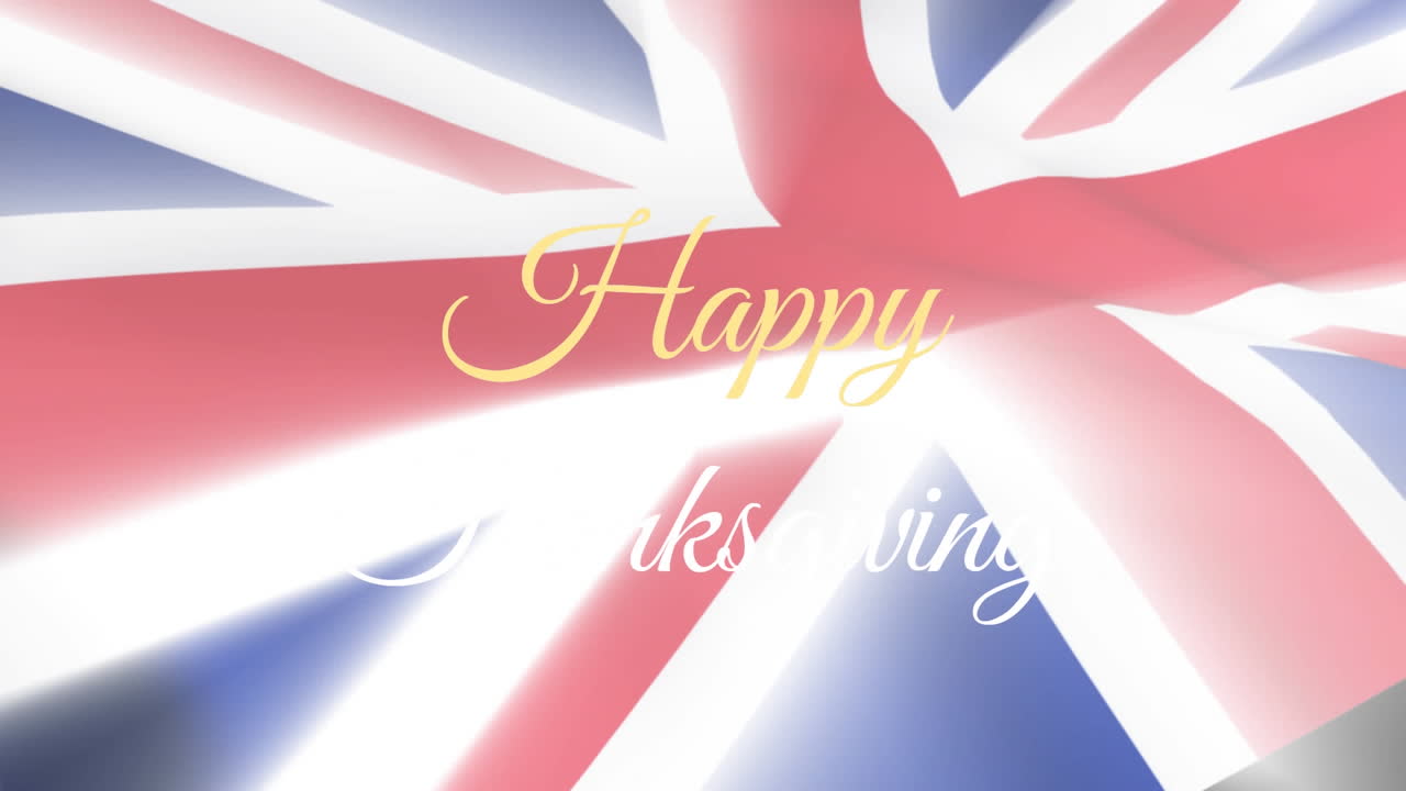 British flag with elegant script writing Happy Thanksgiving in animation style