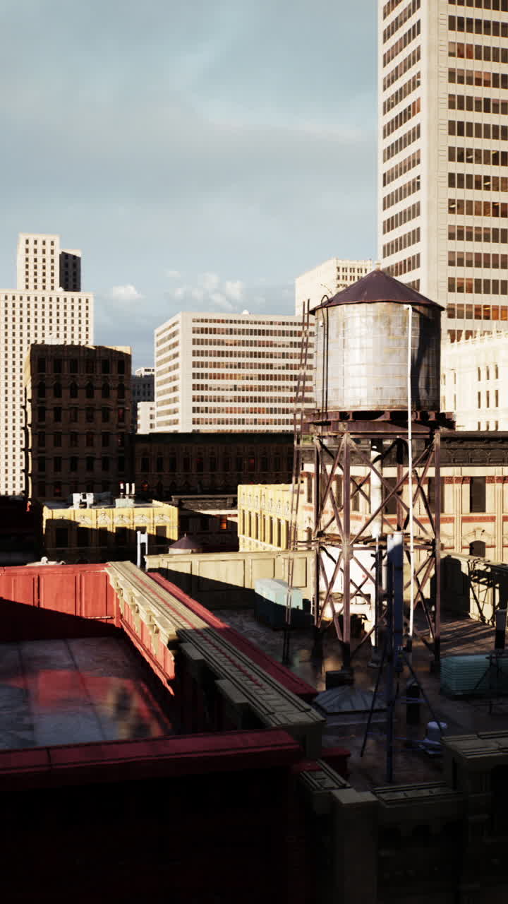 Cityscape with Water Tower at Sunset