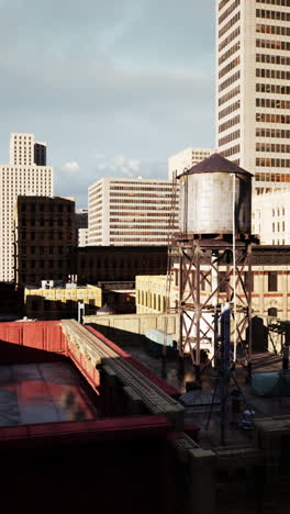 cityscape with water tower at sunset