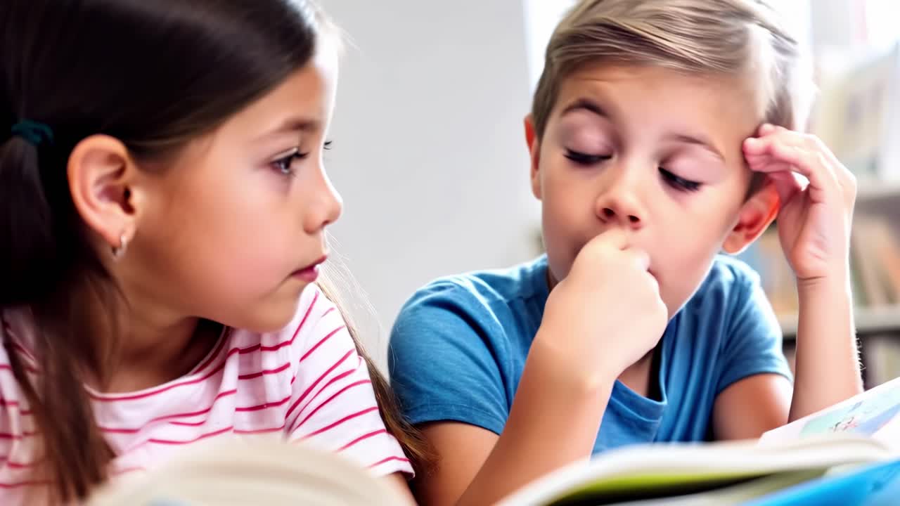 A close-up, eye-level shot of two children reading, capturing a candid, thoughtful moment