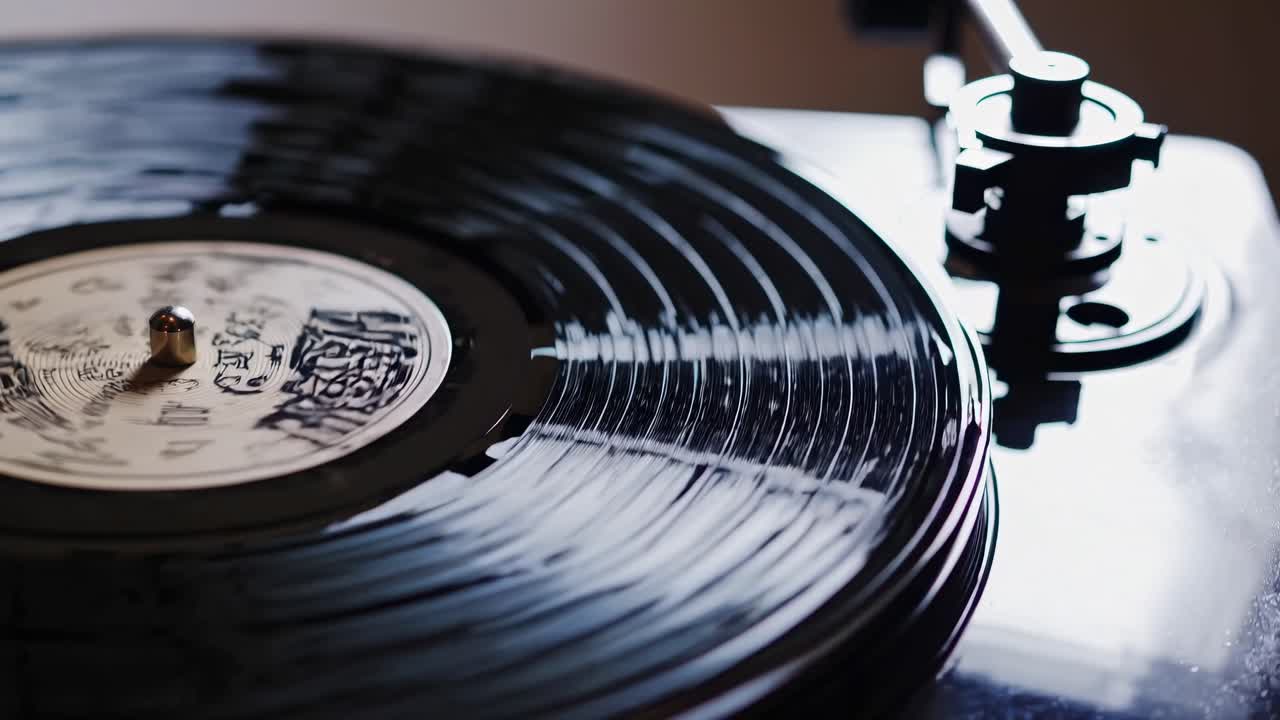 Close-up, angled shot of a spinning vinyl record on a turntable, capturing a nostalgic, vintage