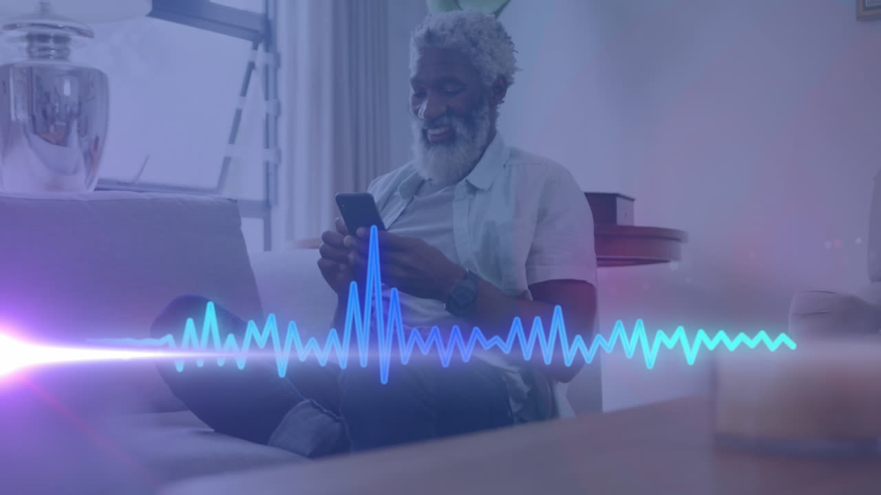 animación del procesamiento de datos musicales sobre un hombre afroamericano con un teléfono inteligente