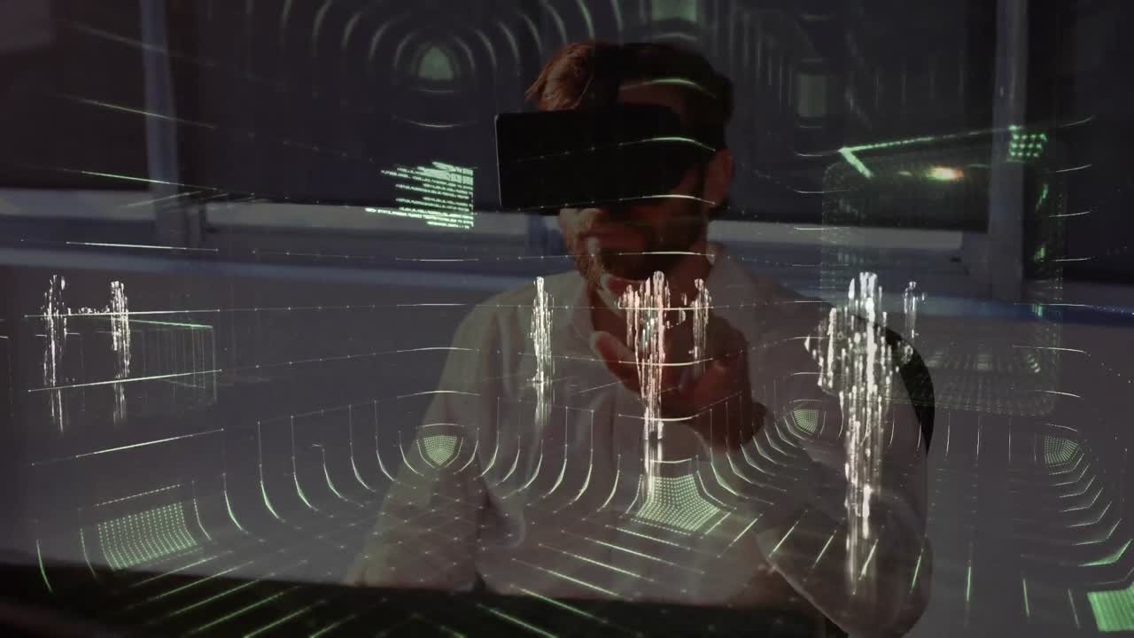uomo con cuffie di realtà virtuale con dati