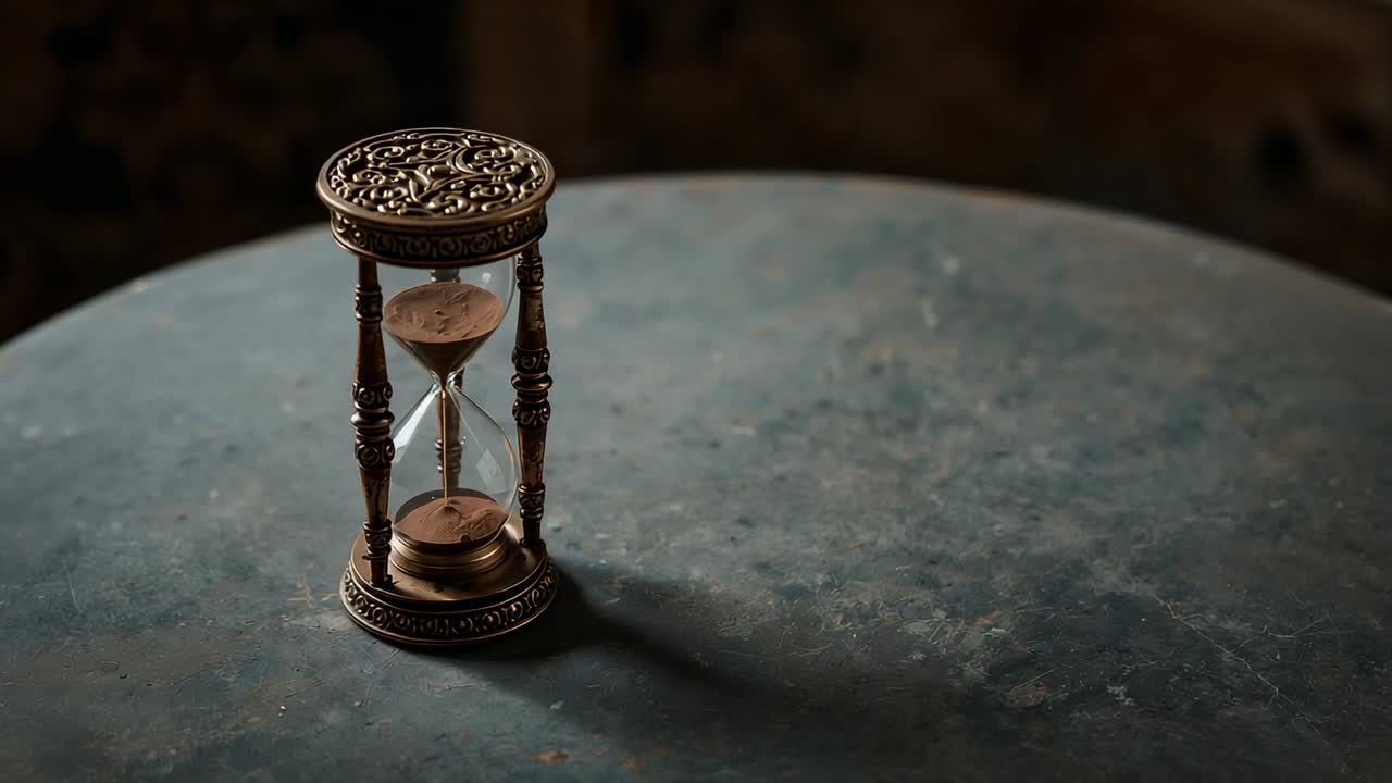 Exibição de ampulheta ornamental de metal e vidro sobre uma mesa com parede de madeira desfocada ao fundo