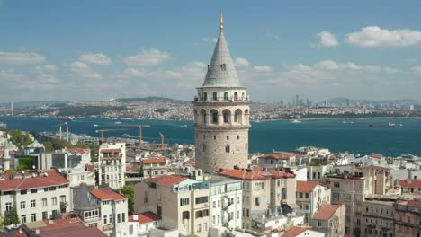 ancient galata tower in center of istanbul on clear blue sky day, crane shot up revealing bosphorus river
