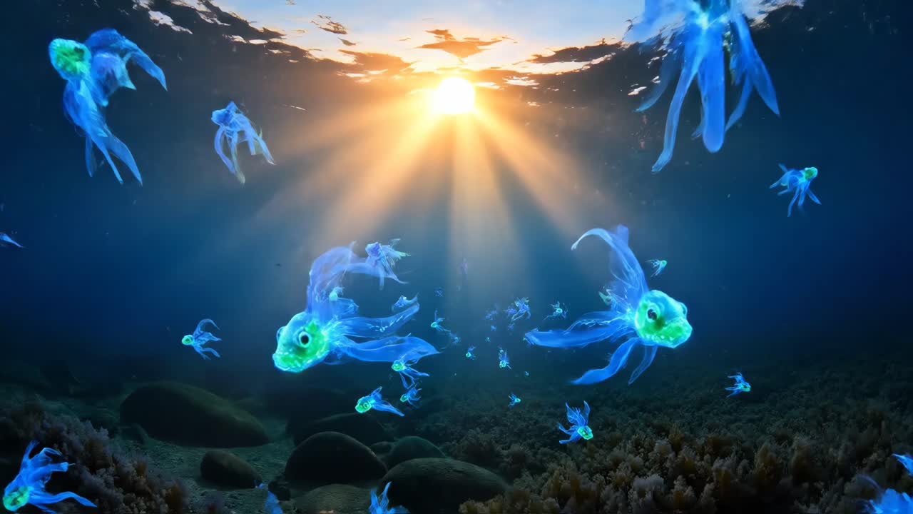 Scena subacquea con creature bioluminescenti