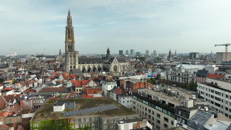 drone flyover antwerp old town to cathedral of our lady, belgium