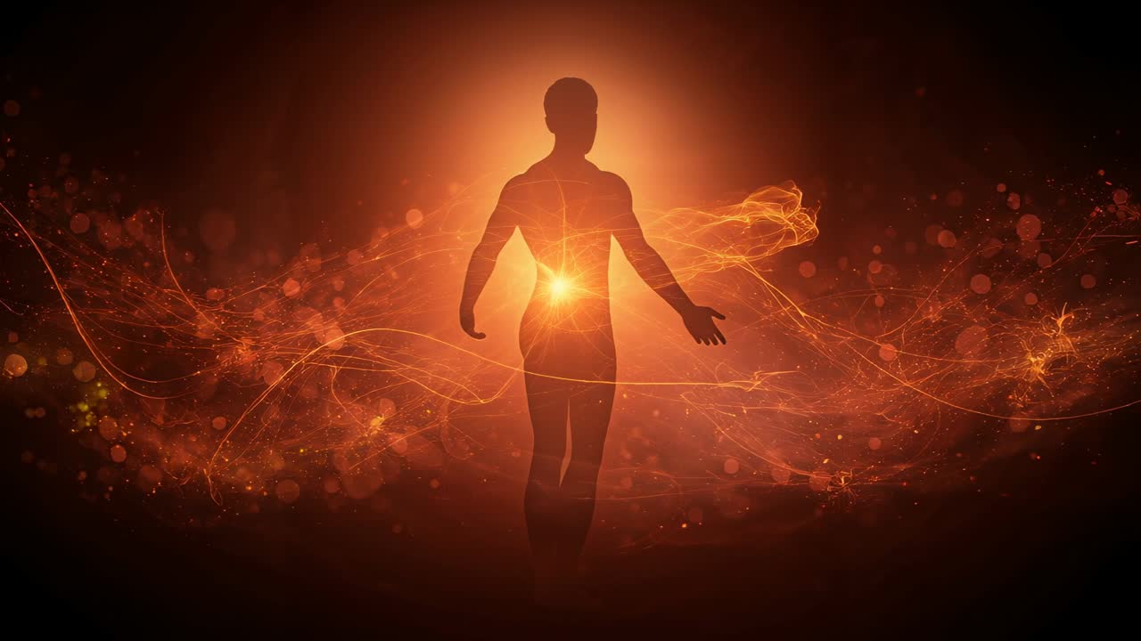 Núcleo brillante que irradia energía, figura humana girando de espaldas a perfil izquierdo, con cintas