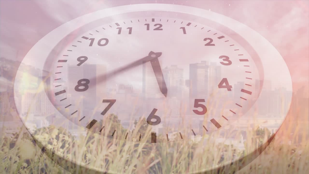 When second hand ticks, analog clock face rotating hands and shifting sky illustrating time passage