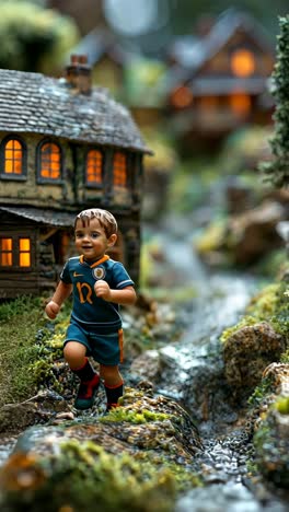 child in a soccer uniform runs through a miniature village during daylight