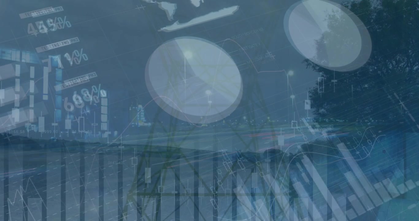 Animation of graphs and financial data over timelapse with road traffic