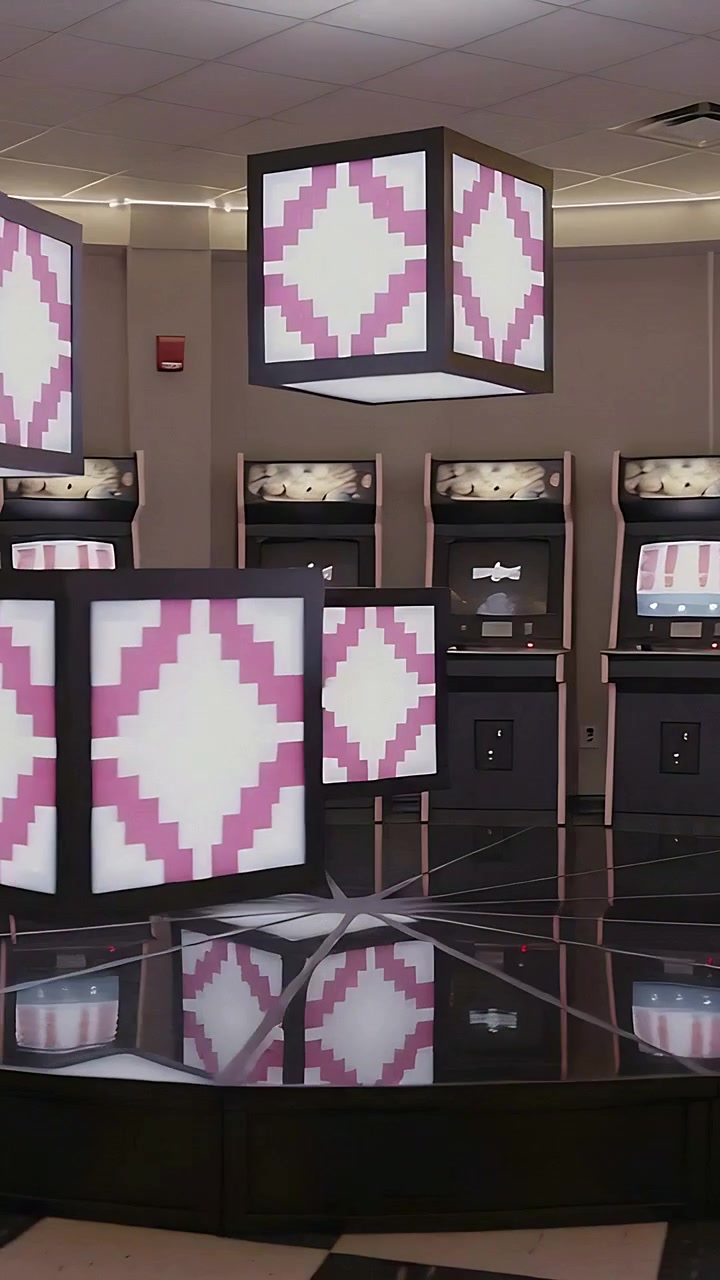 Vertical video: Rotating platform moving lit cubes in mall, with kiosk row, pink diamonds