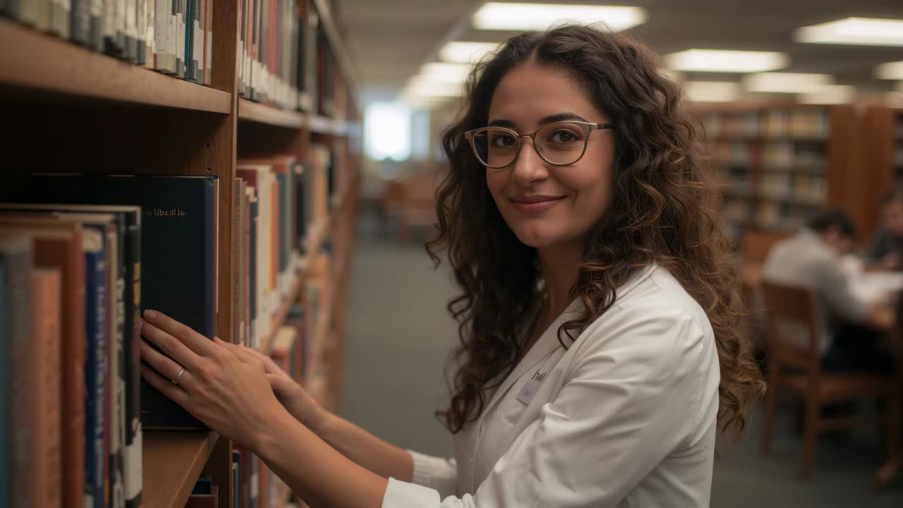 Studente in camice bianco da laboratorio che nota un libro e ne fa scorrere il dorso su uno scaffale della biblioteca, stabilendo un contatto visivo.
