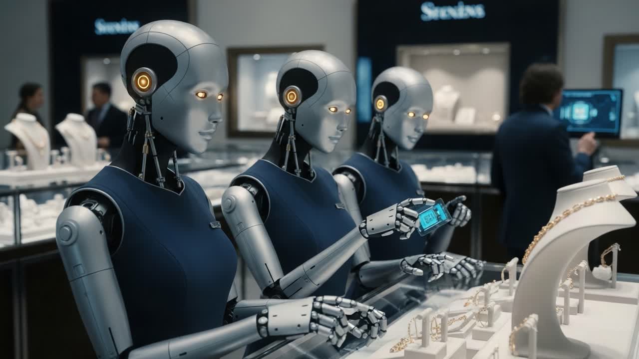 Futuristic Showcase: Three Humanoid Robots Engaged in Jewelry Display and Interaction, Highlighting Advanced Technology in Retail and Customer Experience