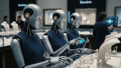 futuristic showcase: three humanoid robots engaged in jewelry display and interaction, highlighting advanced technology in retail and customer experience
