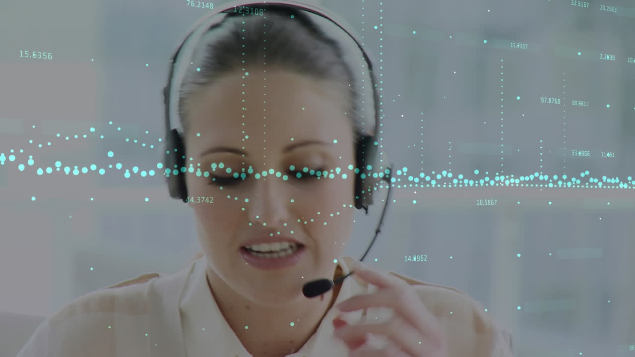 Animation of statistics and data processing over businesswoman wearing phone headset
