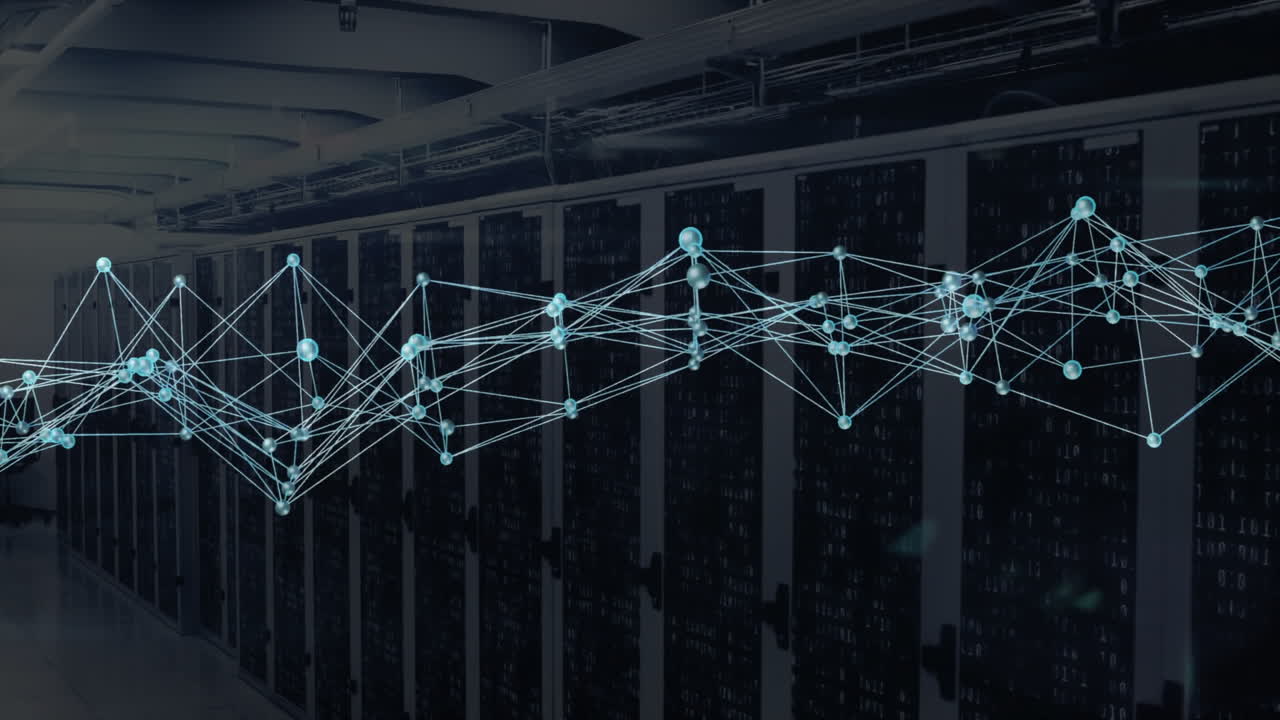 Data processing and network connections animation over server racks in data center