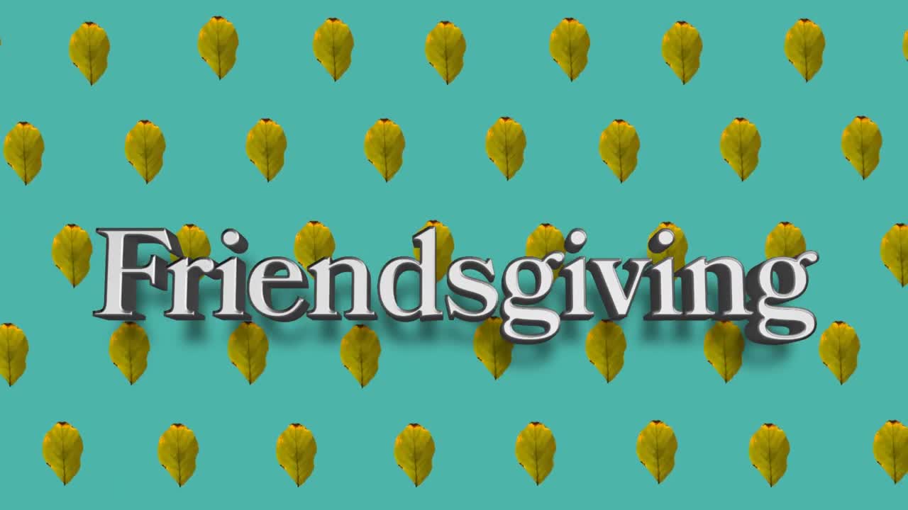 파란색 배경에 녹색 가을 잎 위에 friendsgiving 텍스트의 애니메이션