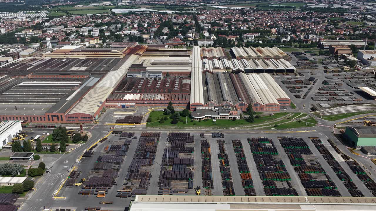 Industrial tubing, pipes from metal production facility in Dalmine, Italy. Aerial overview