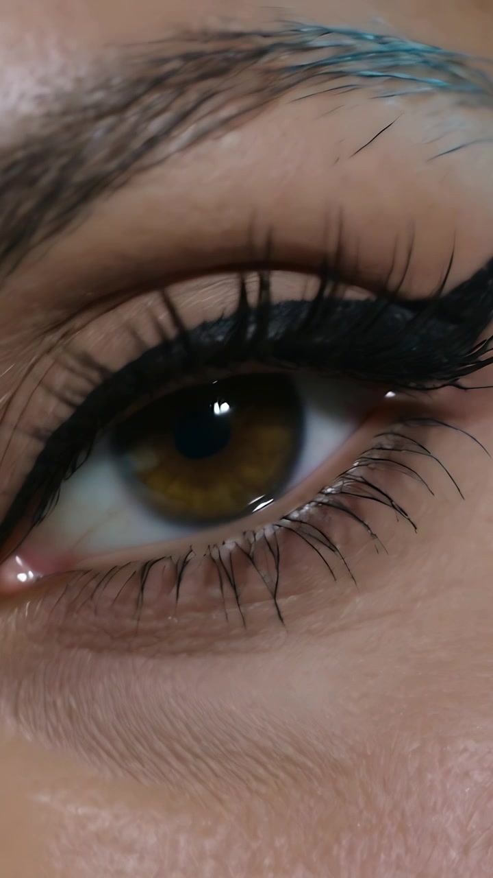 Vertical video: Blinking female right eye reacting to flash in close-up, showing winged liner